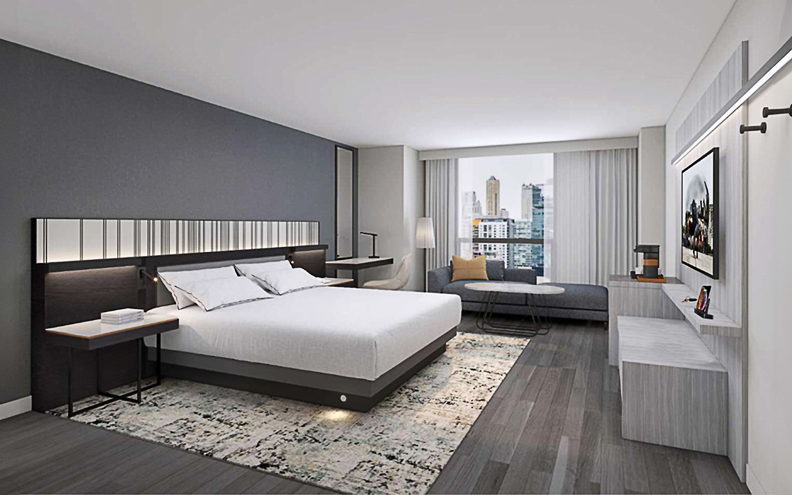 The headboard design represents 360 years of Chicago's storied architectural timeline.